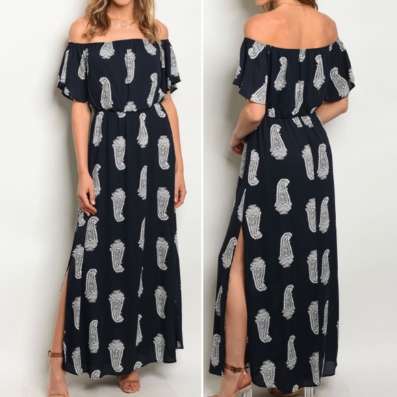 Dresses & Skirts - GIRLY & FLRITY NAVY & FLORAL OFF SHOULDER MAXI!